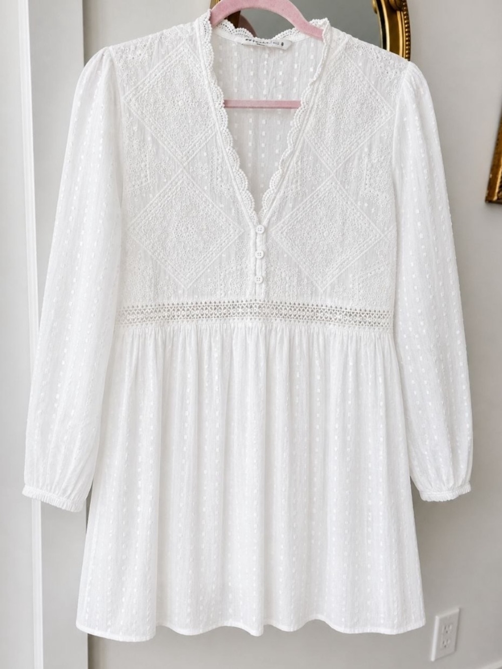 Zara Size Small White Swiss Dot Lace Cotton Peasant Dress Like New